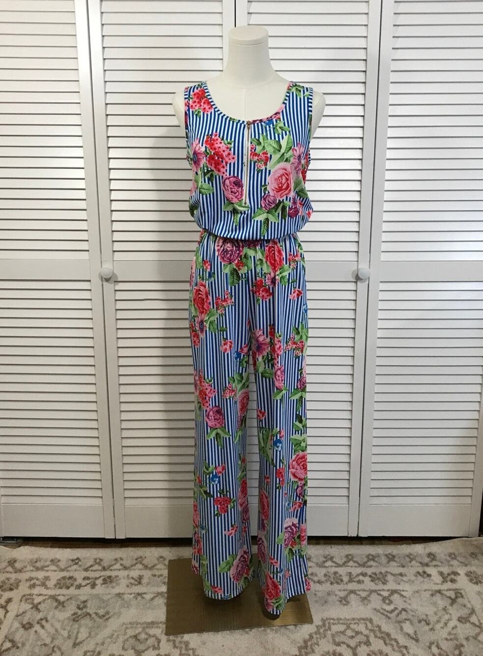 Me 2 Magic Floral Striped Wide Leg Jumpsuit Blue White Pink Preppy Retro S